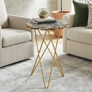 Agate Top Side Table with Gold Finish Trim and Hairpin Metal Legs, Jaipur