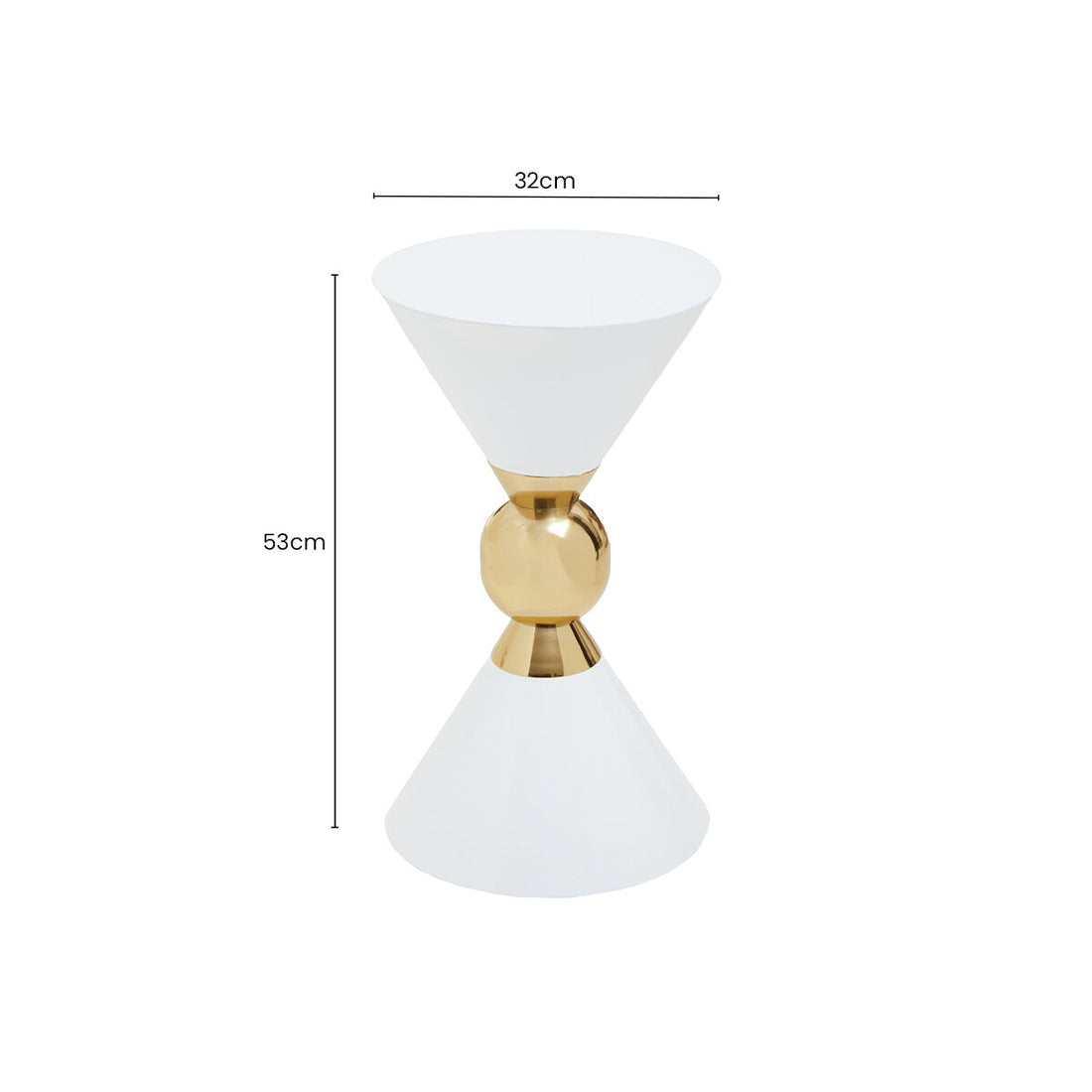 White Conical Metal Side Table in Stainless Steel with Gold Centre Ring Detail, Jaipur