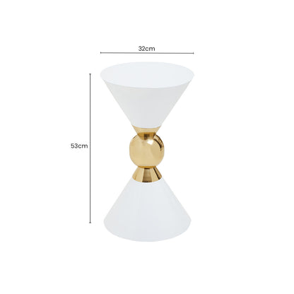 White Conical Metal Side Table in Stainless Steel with Gold Centre Ring Detail, Jaipur
