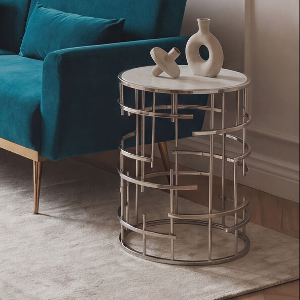 White Round Marble Top Side Table with Silver Open Frame Metal Base, Jaipur
