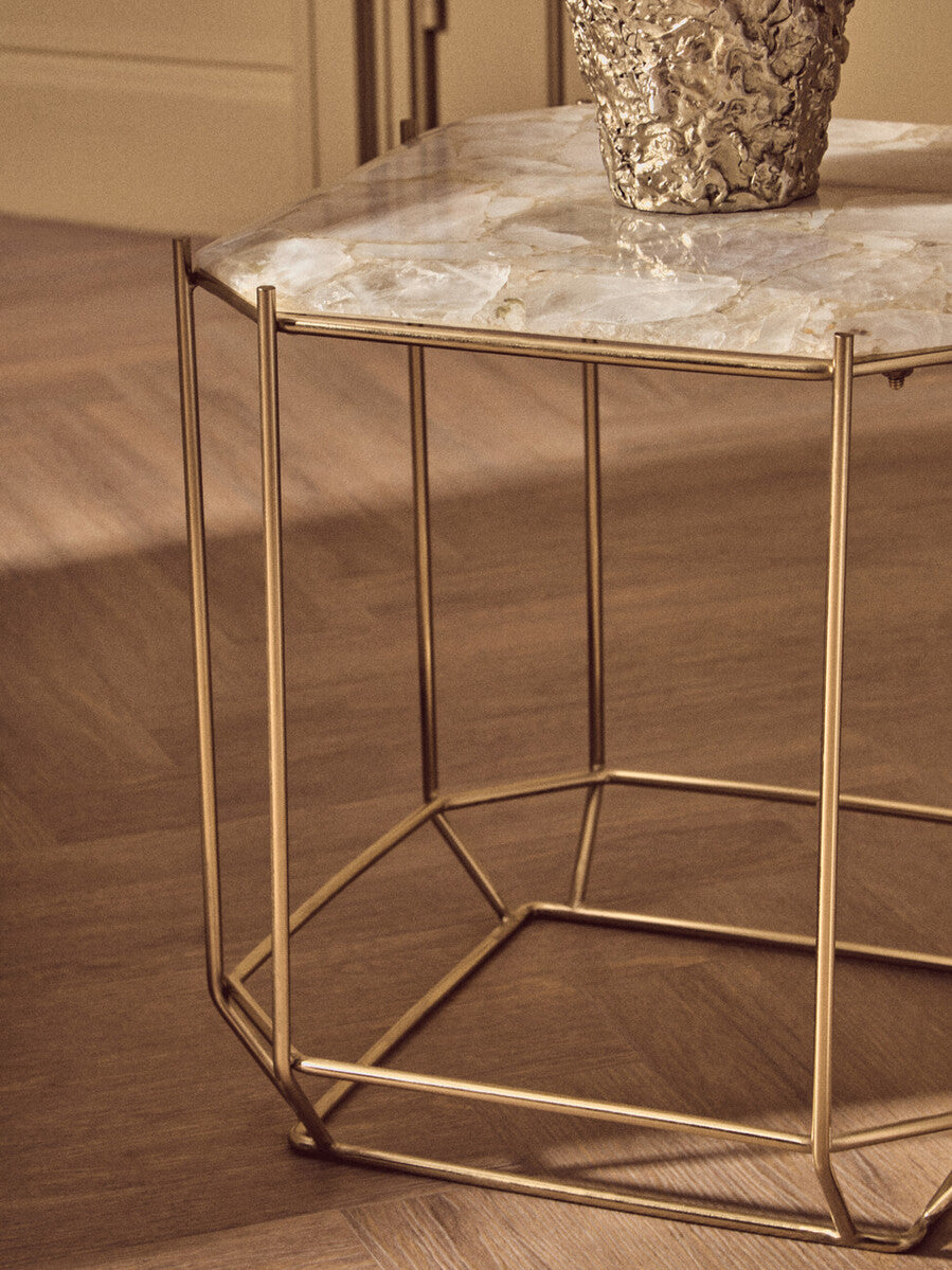White Octagonal Stone Quartz Top Side Table with Warm Metallic Angular Base, Jaipur