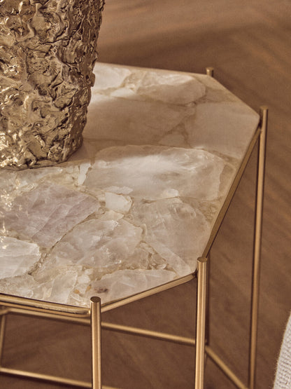 White Octagonal Stone Quartz Top Side Table with Warm Metallic Angular Base, Jaipur
