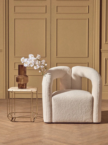 White Octagonal Stone Quartz Top Side Table with Warm Metallic Angular Base, Jaipur