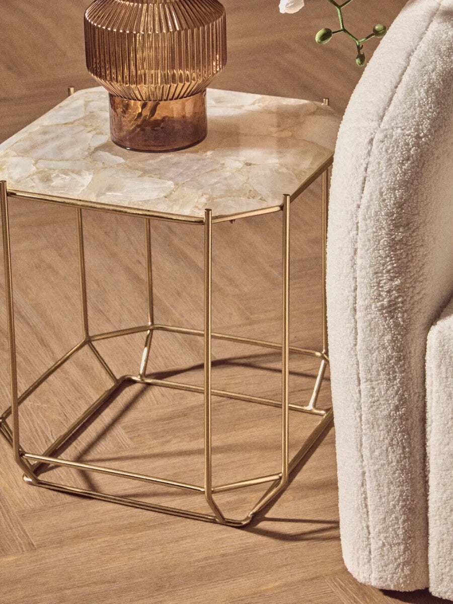 White Octagonal Stone Quartz Top Side Table with Warm Metallic Angular Base, Jaipur