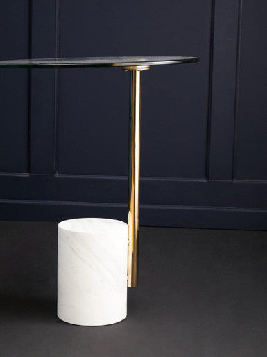 Oria Clear Glass Side Table With Gold Frame And White Marble Base
