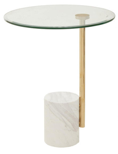 Oria Clear Glass Side Table With Gold Frame And White Marble Base