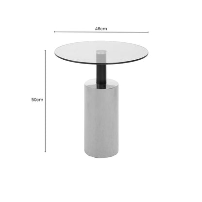 Clear Glass Top Side Table with Silver Steel Base and Black Column, Oria