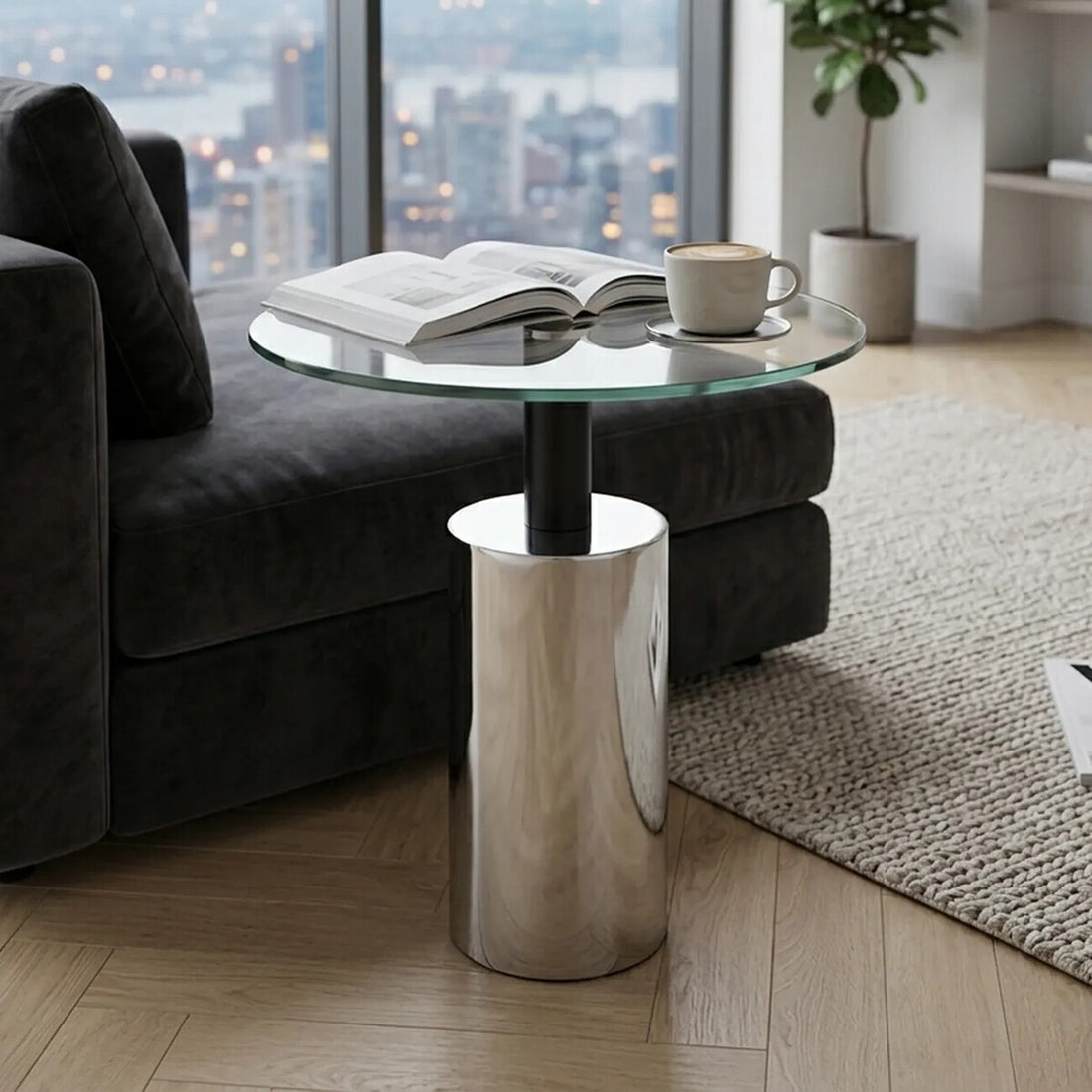 Glass side table with a metallic base in a living room setting.