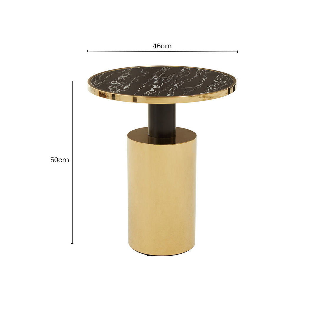 Black Marble Effect Glass Top Side Table with Gold Finished Base, Oria