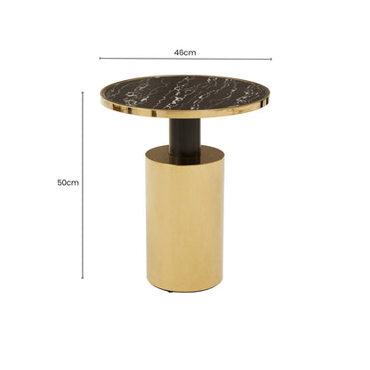 Black Marble Effect Glass Top Side Table with Gold Finished Base, Oria
