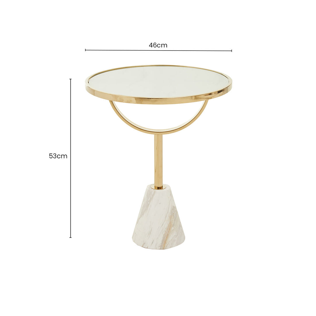 White Glass Top Side Table with Gold Metal Column and White Marble Base, Oria