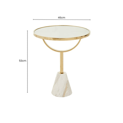 White Glass Top Side Table with Gold Metal Column and White Marble Base, Oria