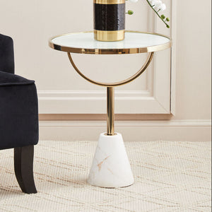Oria White Glass Round Side Table with Marble Base
