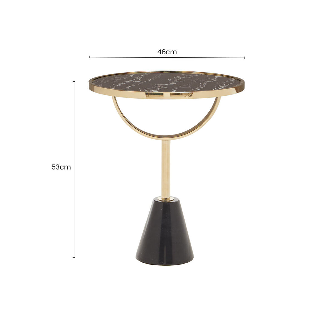 Black Glass Top Side Table with Gold Metal Column and Black Marble Base, Oria