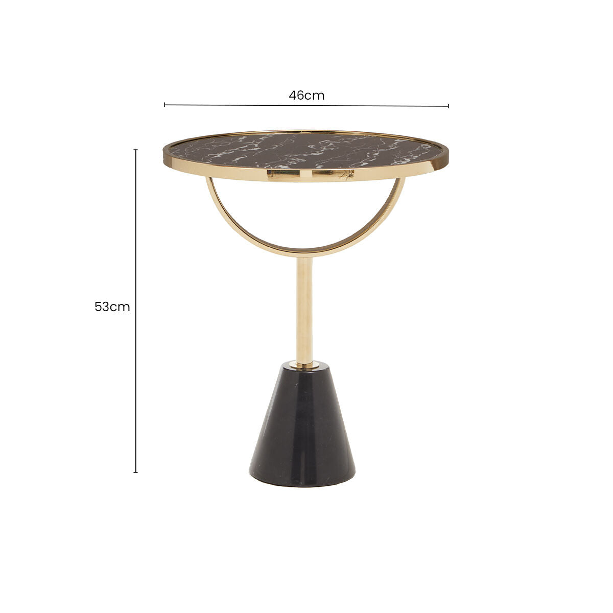 Black Glass Top Side Table with Gold Metal Column and Black Marble Base, Oria