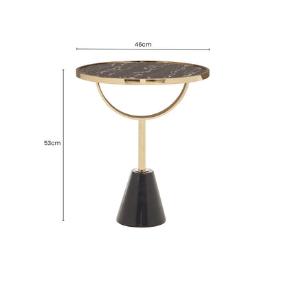 Black Glass Top Side Table with Gold Metal Column and Black Marble Base, Oria
