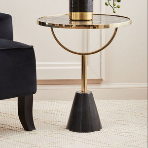 Oria Black Glass and Marble Side Table with Gold Finish Frame