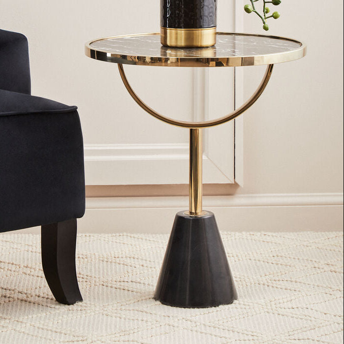 Black Glass Top Side Table with Gold Metal Column and Black Marble Base, Oria