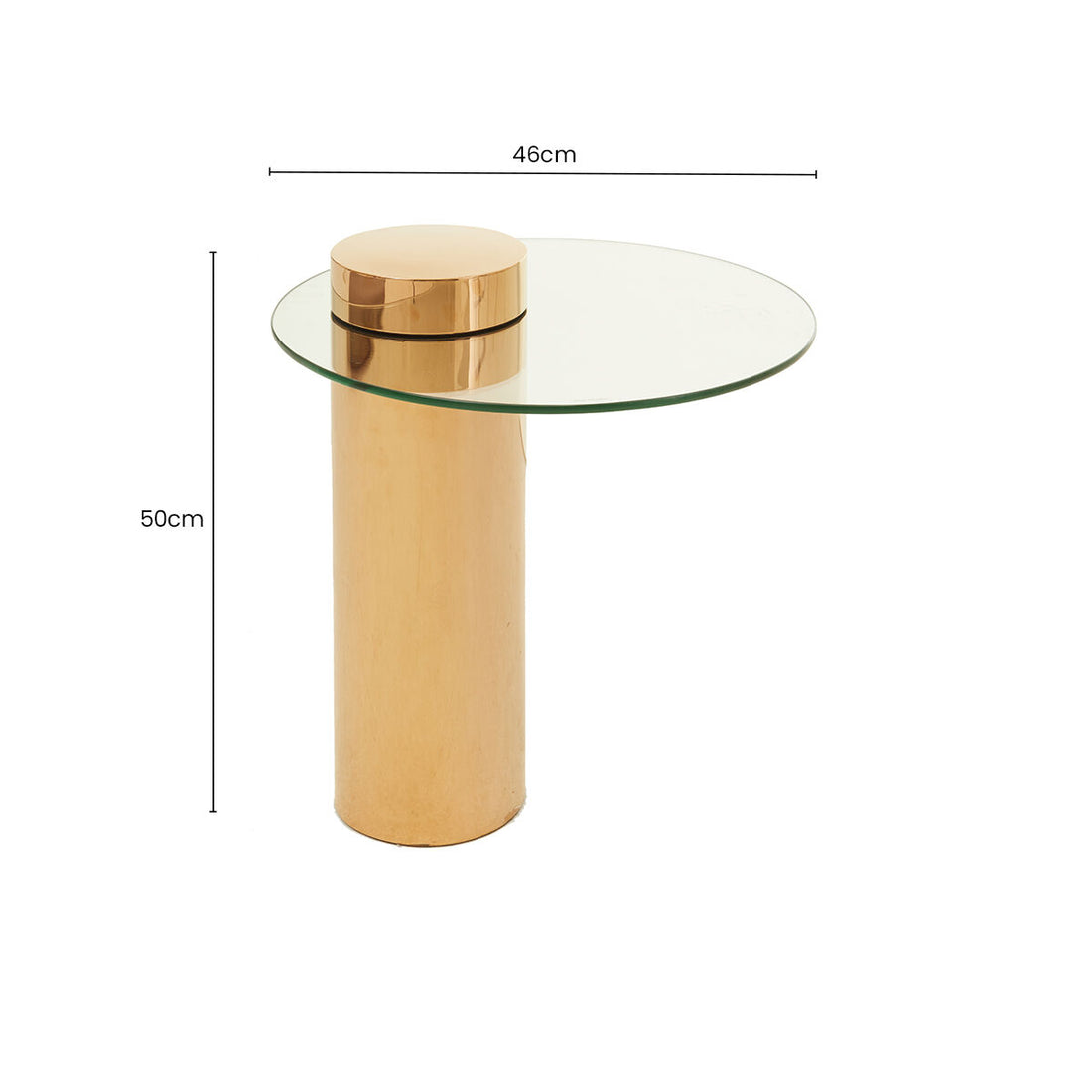 Clear Round Glass Side Table with Tall Rose Gold Standing Base, Oria