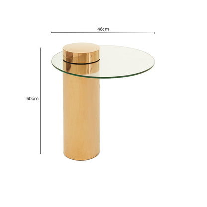 Clear Round Glass Side Table with Tall Rose Gold Standing Base, Oria
