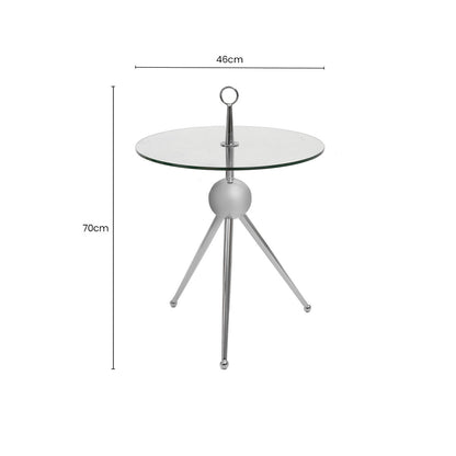 Clear Glass Top Side Table with Silver Stainless Steel Tripod Frame, Oria