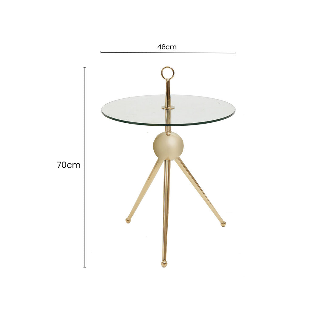 Clear Glass Top Side Table with Gold Tripod Metal Frame and Globe Detail, Oria