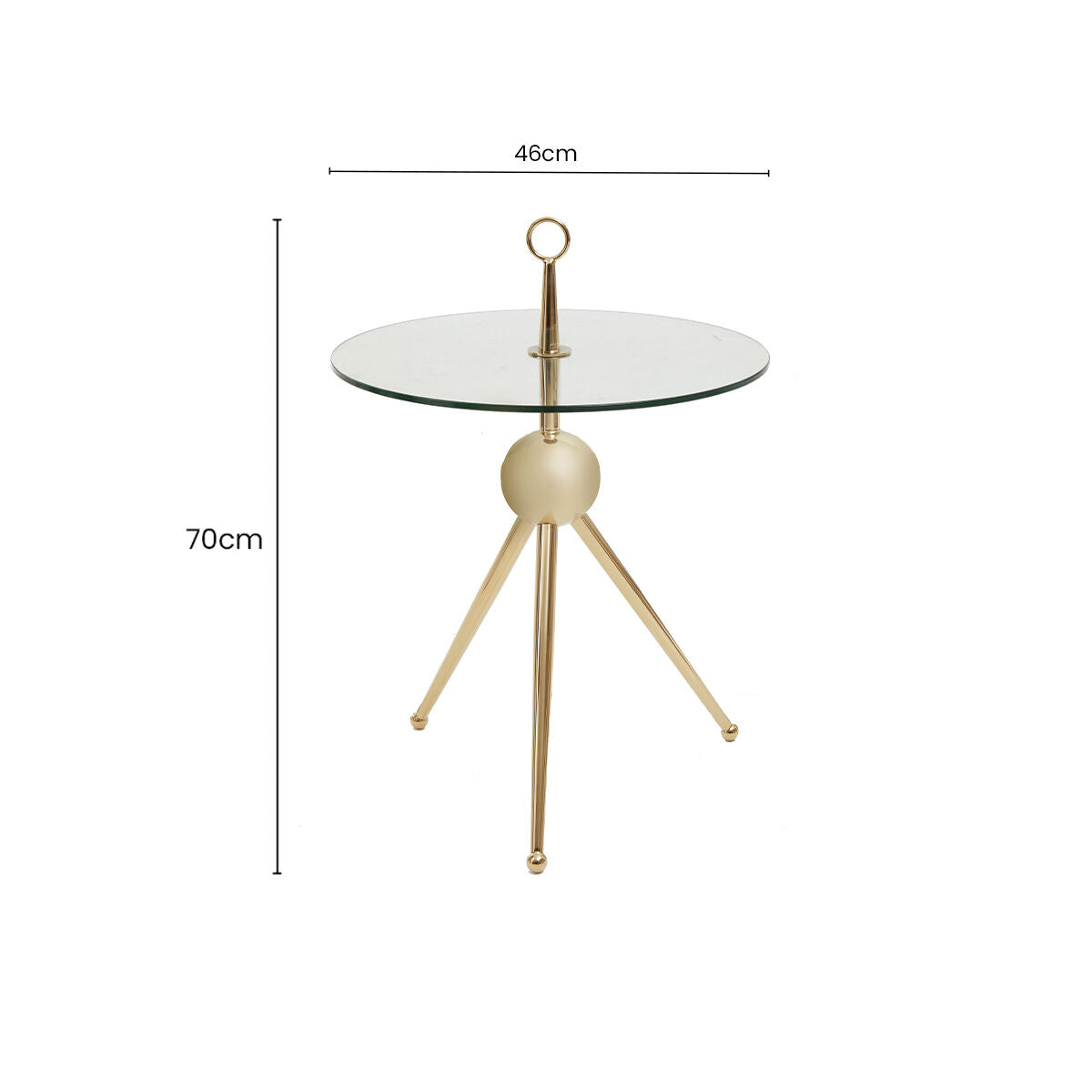 Clear Glass Top Side Table with Gold Tripod Metal Frame and Globe Detail, Oria