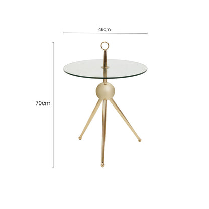 Clear Glass Top Side Table with Gold Tripod Metal Frame and Globe Detail, Oria
