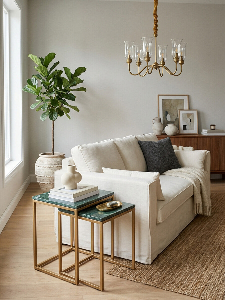 Nest of Two Green Marble Top Nesting Side Tables with Gold Finish Metal Frame, Varana