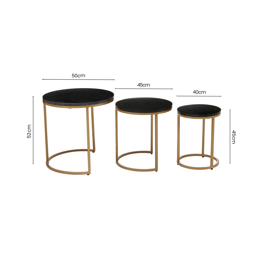Nest of 3 Black Marble Round Top Nesting Tables with Matte Gold Metal Base, Varana