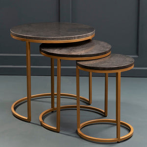 Nest of 3 Black Marble Round Top Nesting Tables with Matte Gold Metal Base, Varana
