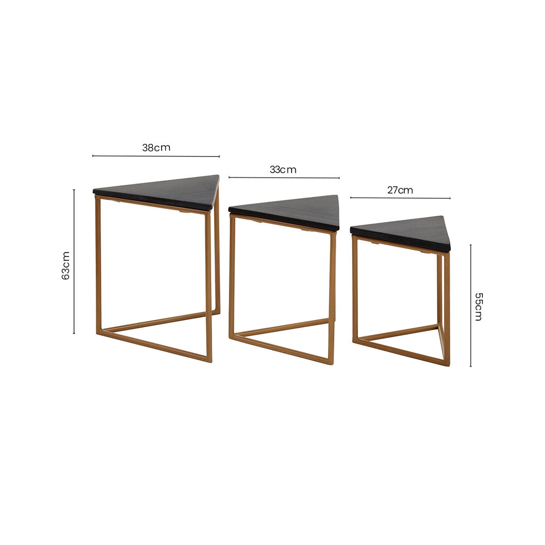 Set of 3 Black Marble Triangular Nesting Tables with Matte Gold Metal Frames, Varana