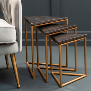 Set of 3 Black Marble Triangular Nesting Tables with Matte Gold Metal Frames, Varana