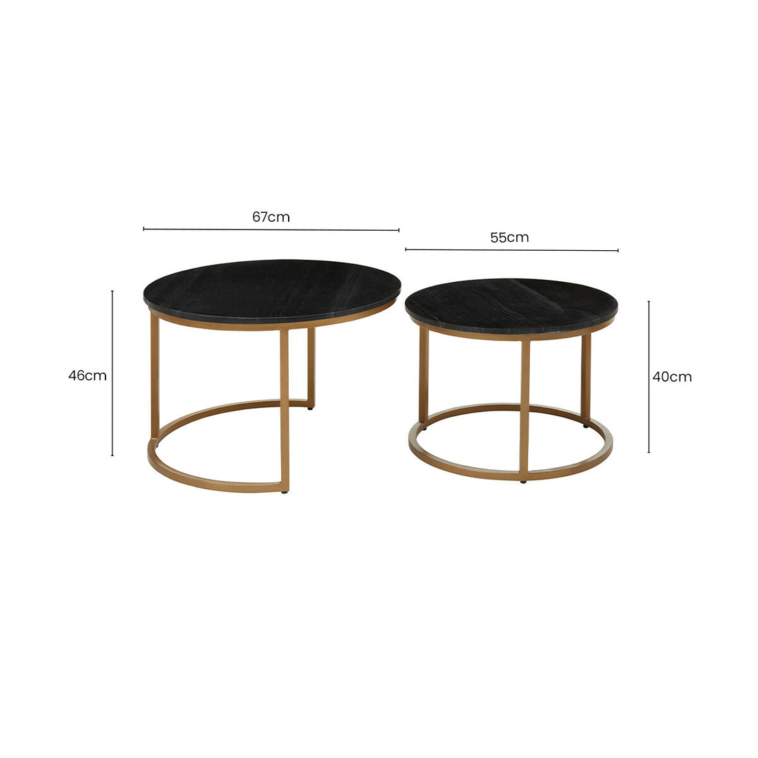 Nest of 2 Black Round Marble Top Tables with Gold Finish Metal Frames, Varana