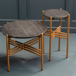 Set of 2 Black Round Marble Top Side Tables with Gold Finish Geometric Metal Bases, Varana