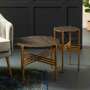 Set of 2 Black Round Marble Top Side Tables with Gold Finish Geometric Metal Bases, Varana