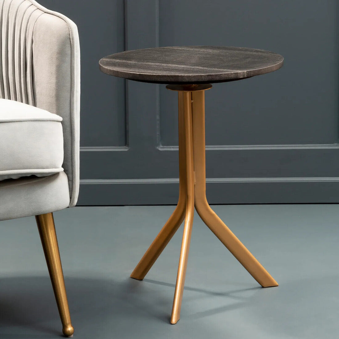 Black Round Marble Top Side Table with Gold Metal Tripod Base, Varana