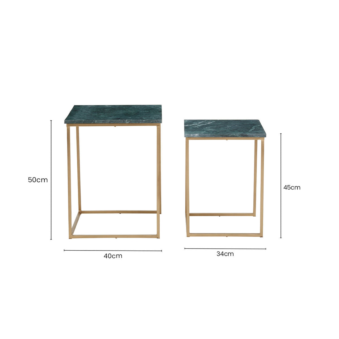 Nest of 2 Green Marble Top Side Tables with Gold Metal Bases, Mandoli