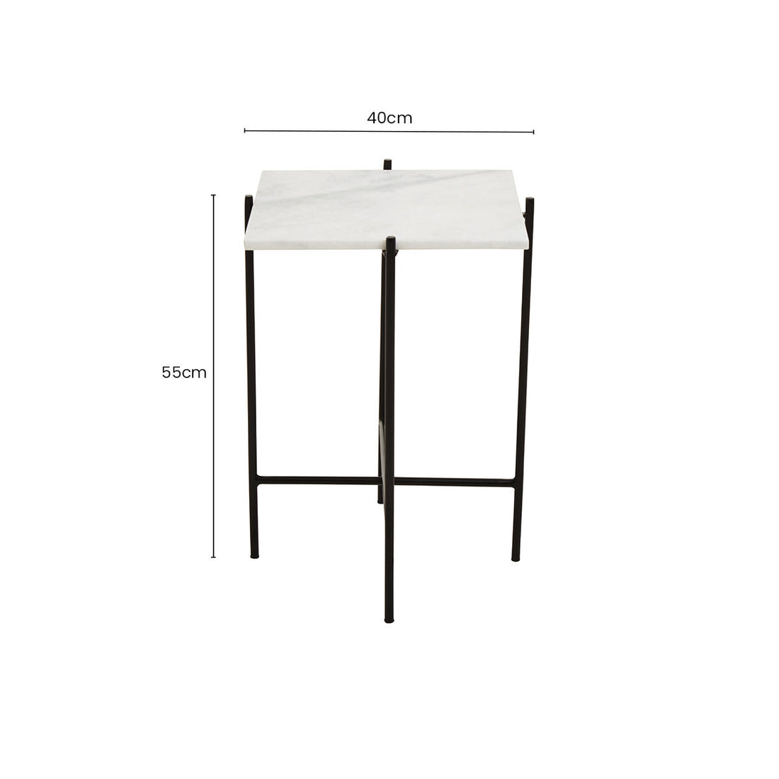 White Marble Square Top Side Table with Sleek Black Iron Base, Mandoli