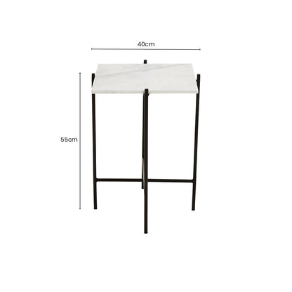White Marble Square Top Side Table with Sleek Black Iron Base, Mandoli