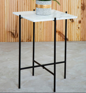 White Marble Square Top Side Table with Sleek Black Iron Base, Mandoli