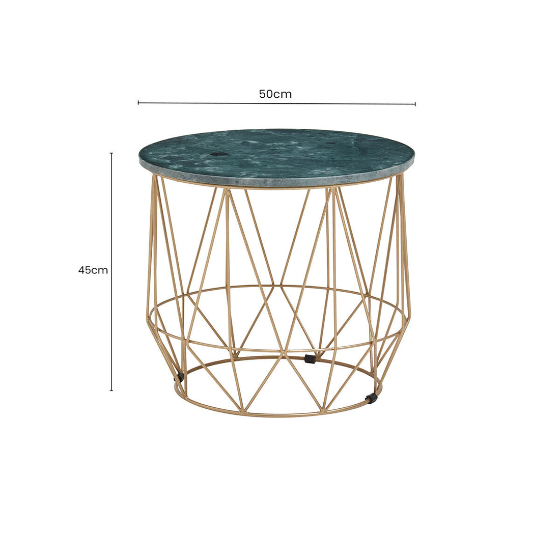 Green Marble Round Top Side Table with Sleek Cage Style Gold Metal Frame, Mandoli