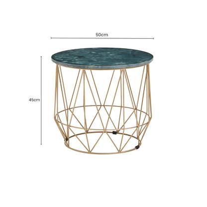 Green Marble Round Top Side Table with Sleek Cage Style Gold Metal Frame, Mandoli