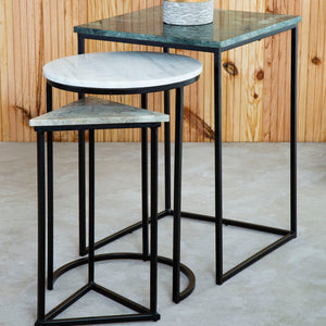 Marble Top Nest of 3 Tables with Black Metal Bases in Assorted Tones and Shapes, Mandoli