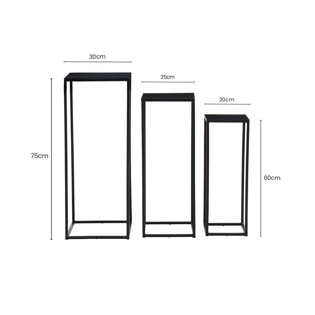 Nest of 3 Black Side Tables with Metal Base and Black Tops, Mandoli