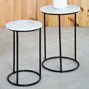 Nest of 2 White Marble Top and Black Iron Frame Side Tables, Mandoli