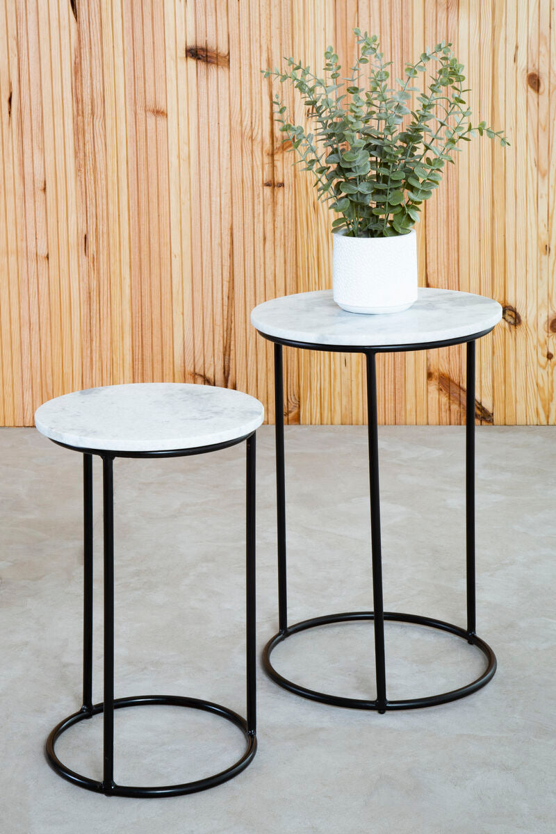 Nest of 2 White Marble Top and Black Iron Frame Side Tables, Mandoli