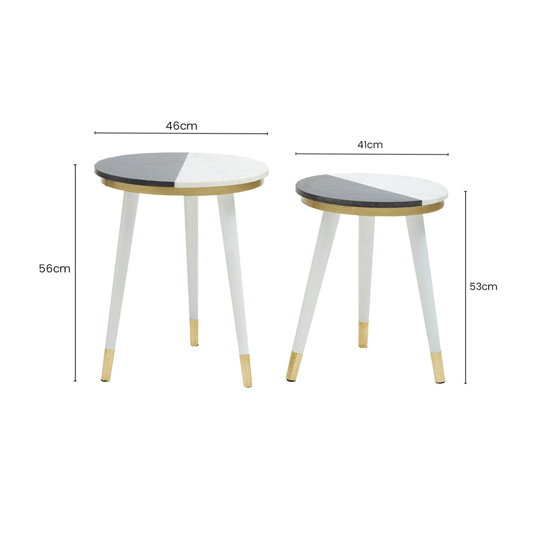Set of 2 Black &amp; White Marble Side Tables with White Legs and Gold Base Detailing, Nirav