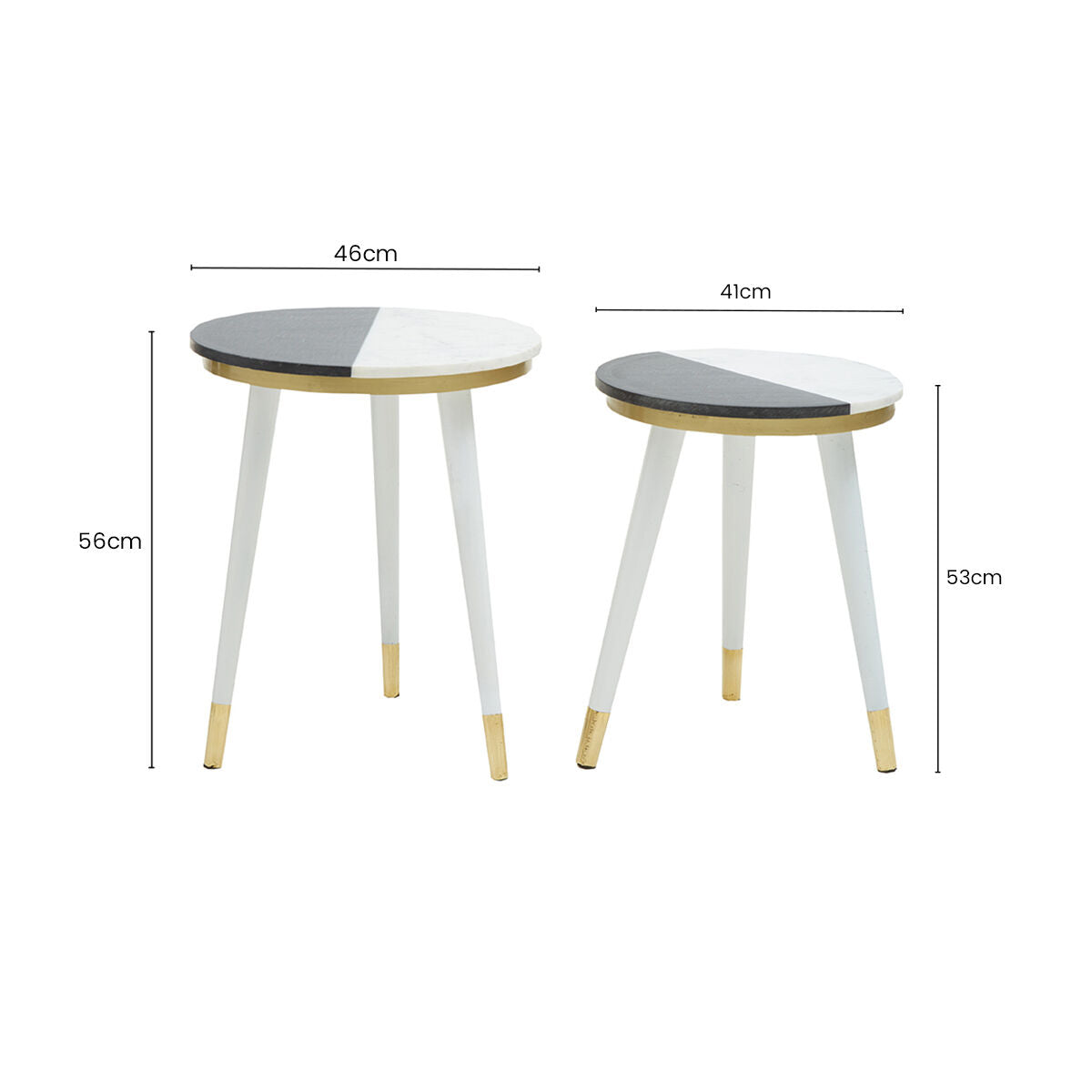 Set of 2 Black &amp; White Marble Side Tables with White Legs and Gold Base Detailing, Nirav
