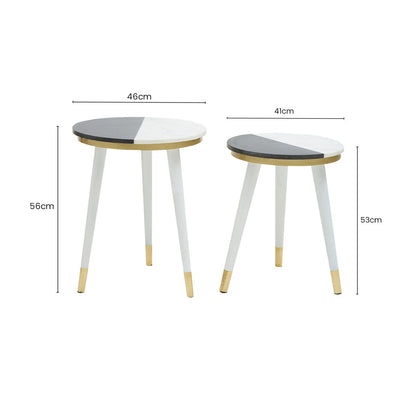 Set of 2 Black &amp; White Marble Side Tables with White Legs and Gold Base Detailing, Nirav